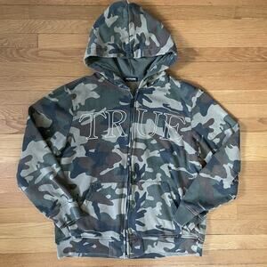 True Religion Mens S Medium Full Zip Camouflage Hoodie Spellout Y2K Sweatshirt
